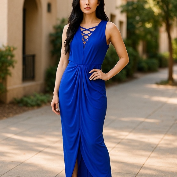Miss Avenue Blue Sheath Maxi Dress with V-Neck and Slit - Picture 1 of 4